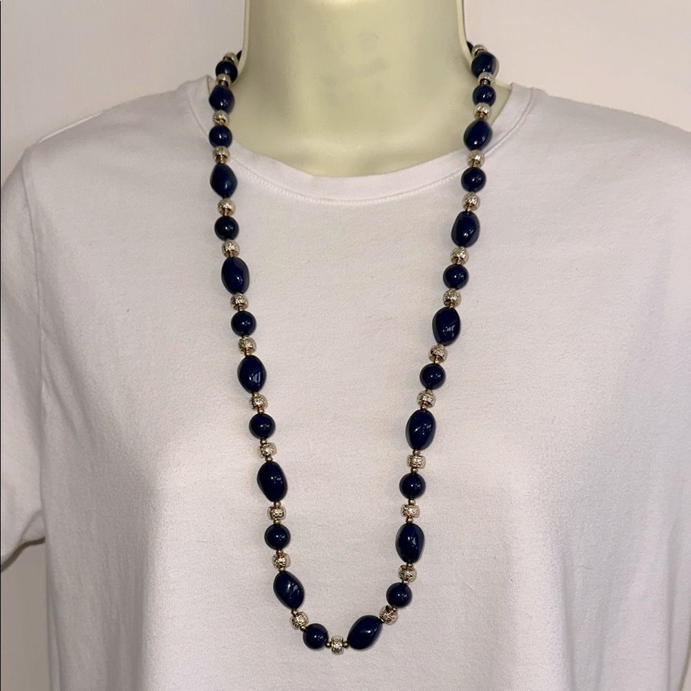 Dark Navy Blue & Gold Beaded Necklace